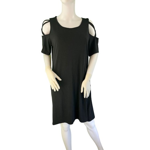 Women's Black Open Shoulder Dress, Knee Length, Hidden Pockets, XL - Picture 11 of 11